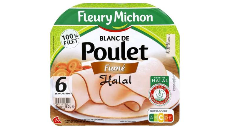 Fleury Michon Tranches fines blanc de poulet fume - halal Le paquet de 6 tranches, 180g