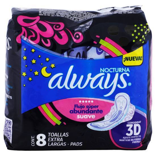 Always toallas extra largas nocturnas con alas (paquete 8 piezas)