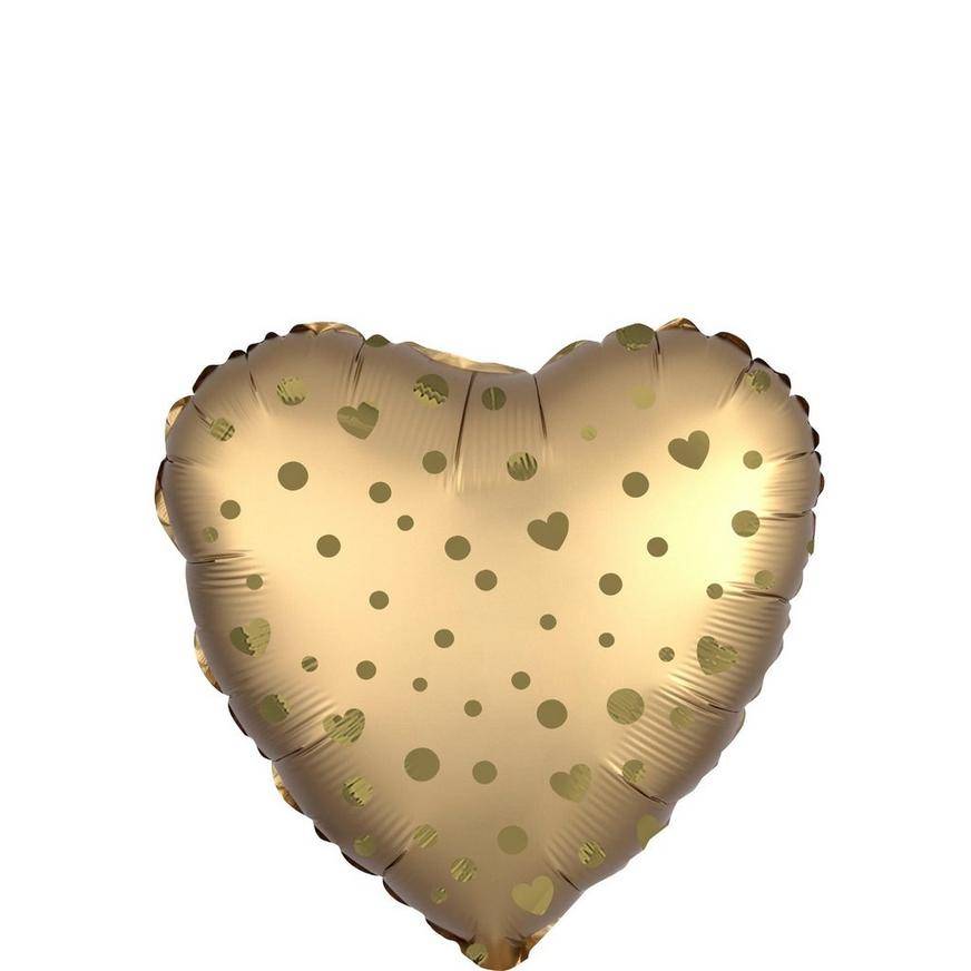 Uninflated Air-Filled Gold Dot Heart Satin Foil Balloon, 13in x 14in