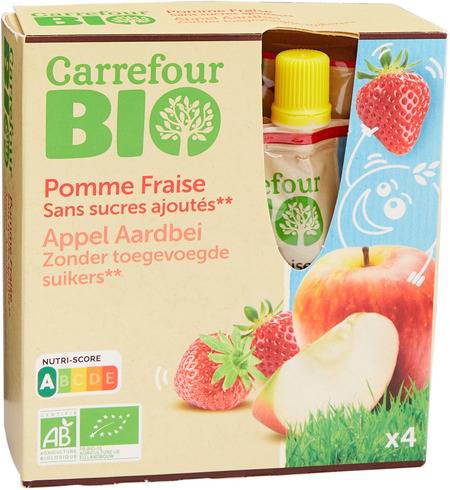 FID - Compote bio pomme fraise s/sucres ajoutés CARREFOUR BIO - les 4 gourdes de 90g