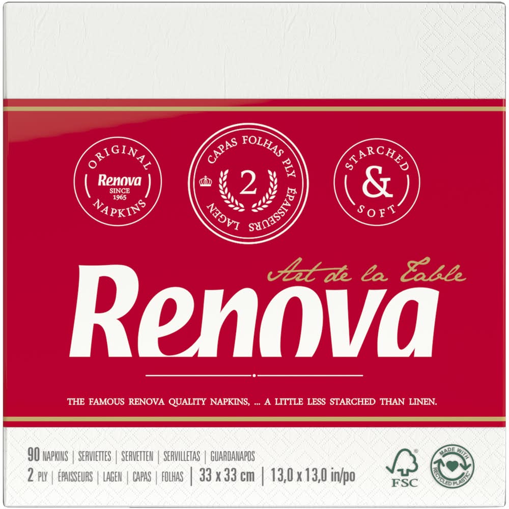 Renova - Guardanapos brancos, 33x33cm, 2 folhas, 90 unidades