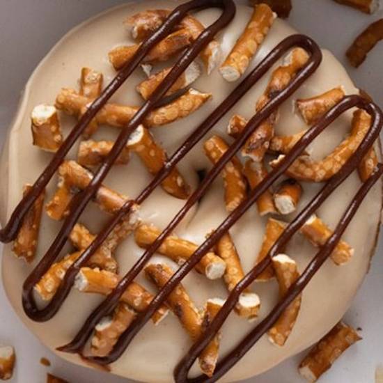 Peanut Butter Icing w/ Crushed Pretzels & Hot Fudge Drizzle