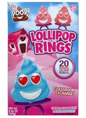 Disney Oh Poop Valentine's Classroom Exchange Lollipop Rings, Cherry-Strawberry-Blue Raspberry (8.46 oz, 20 ct)