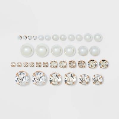Wild Fable Pearl & Rhinestone Cubic Zirconia Stud Earring Set (18 ct)