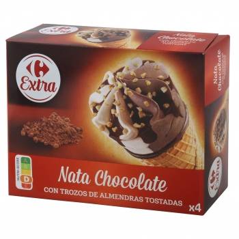 Conos con helado de nata y chocolate con trozos de almendras tostadasCarrefour 4 ud.