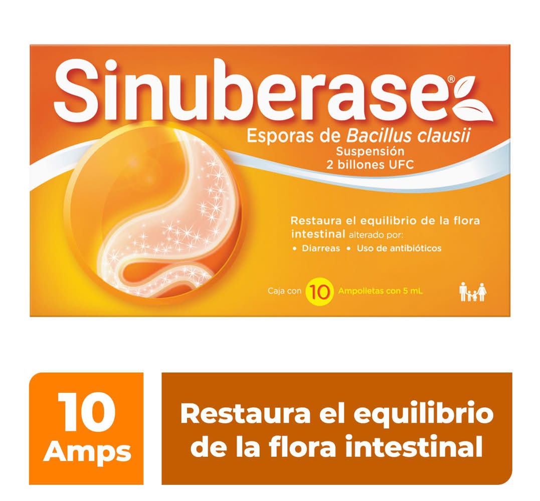 Sinuberase · Esporas de bacillus clausii suspensión 2 billones ufc (10 x 5 ml)