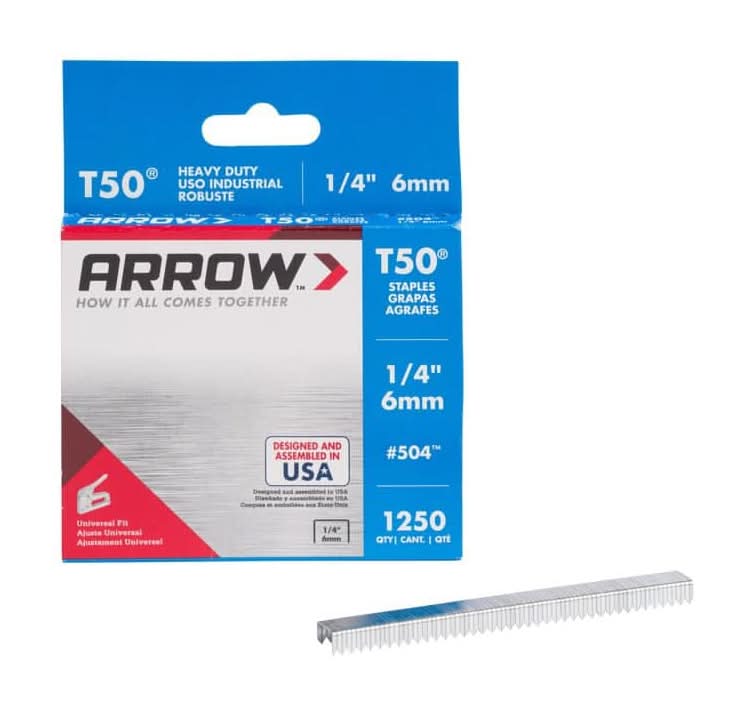 Arrow T50 1/4 In. Leg X 3/8 In. 504 Galvanized, Medium Crown, Divergent Point, 20-Gauge, Heavy-Duty Steel Staples (1,250-Pack)