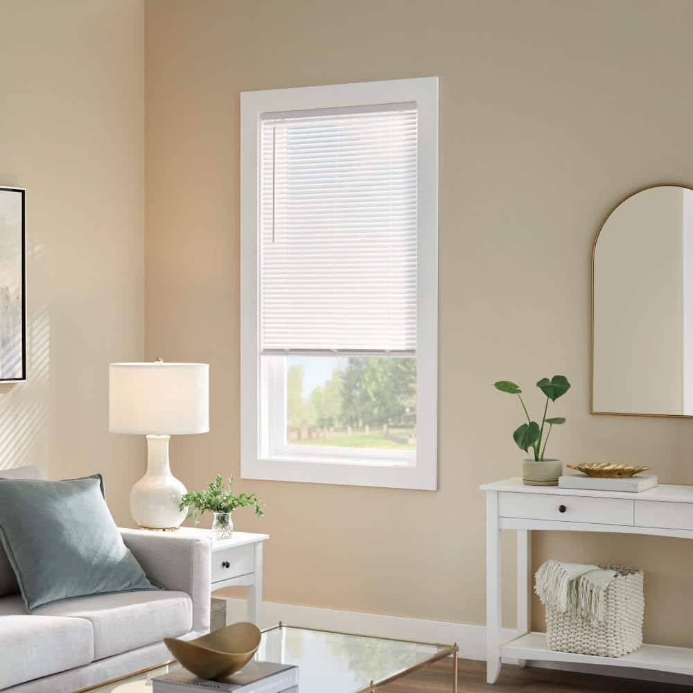 Pre-Cut 33 In. W X 64 In. L Cordless Light Filtering White Vinyl Mini Blind With 1 In. Slats