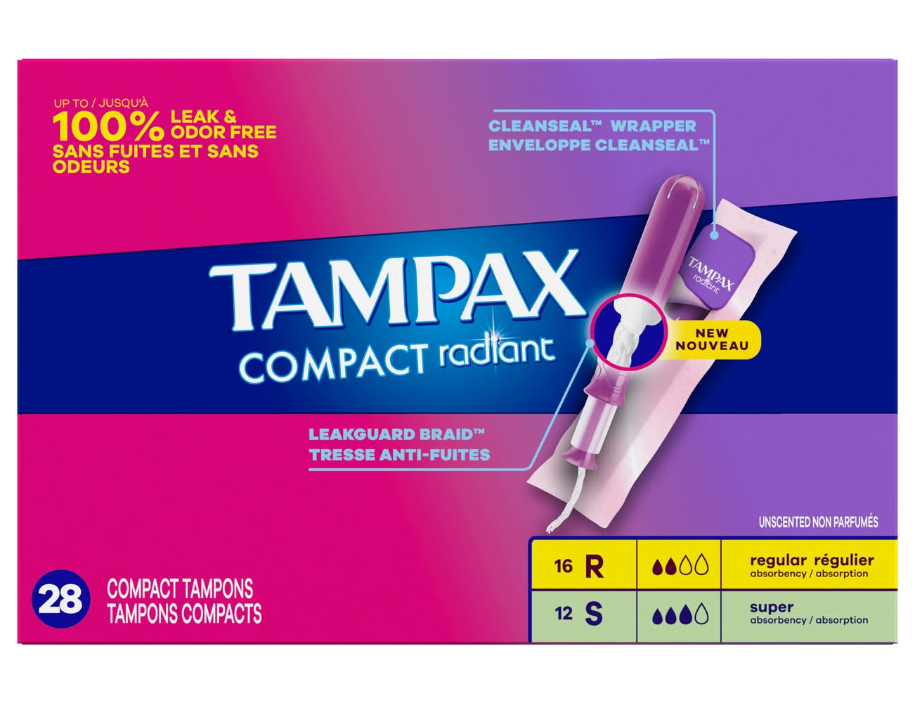 Tampax Leakguard Braid Compact Radiant Tampons, Women (28 ct)