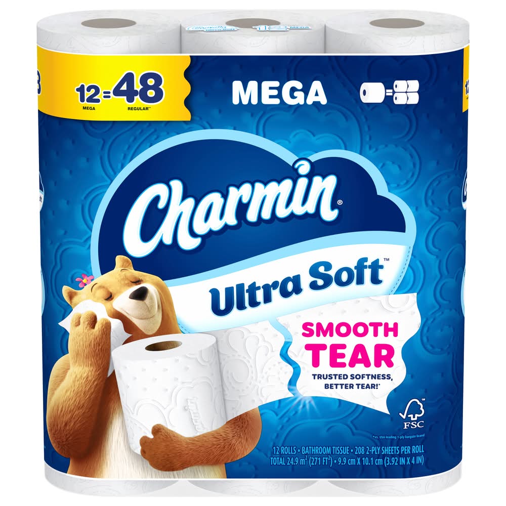 Charmin 2 Ply Ultra Soft Toilet Paper Mega Rolls, 3.92x4 in (12 ct)