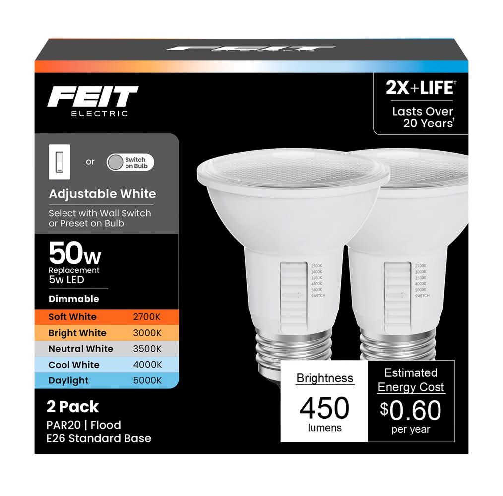 Feit Electric Par20 E26 (Medium) Led Floodlight Bulb Adjustable White 50 Watt Equivalence 2 Pk