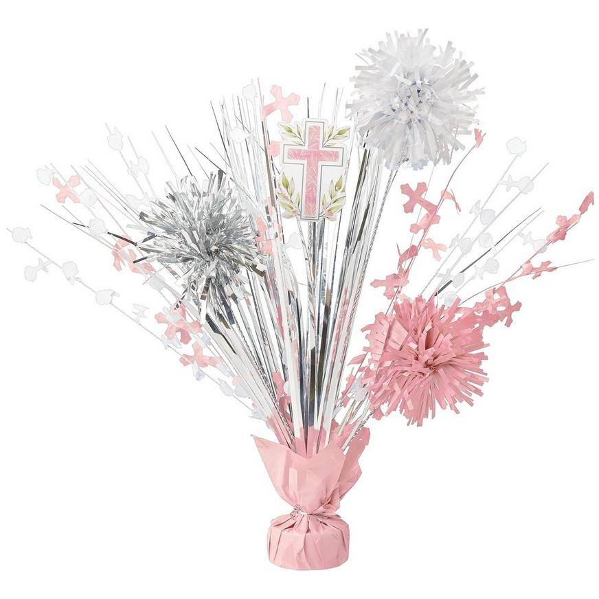 Pink My First Communion Tinsel Burst Centerpiece, 18in