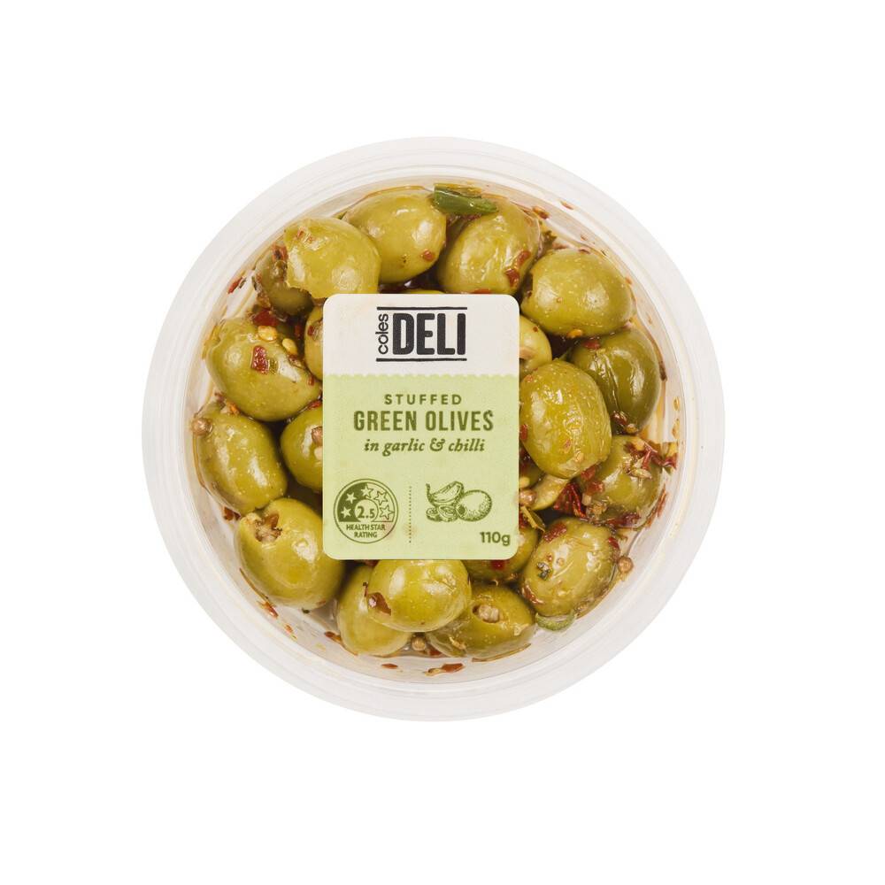 Coles Deli Stuffed Green Olives in Garlic & Chilli (110g)