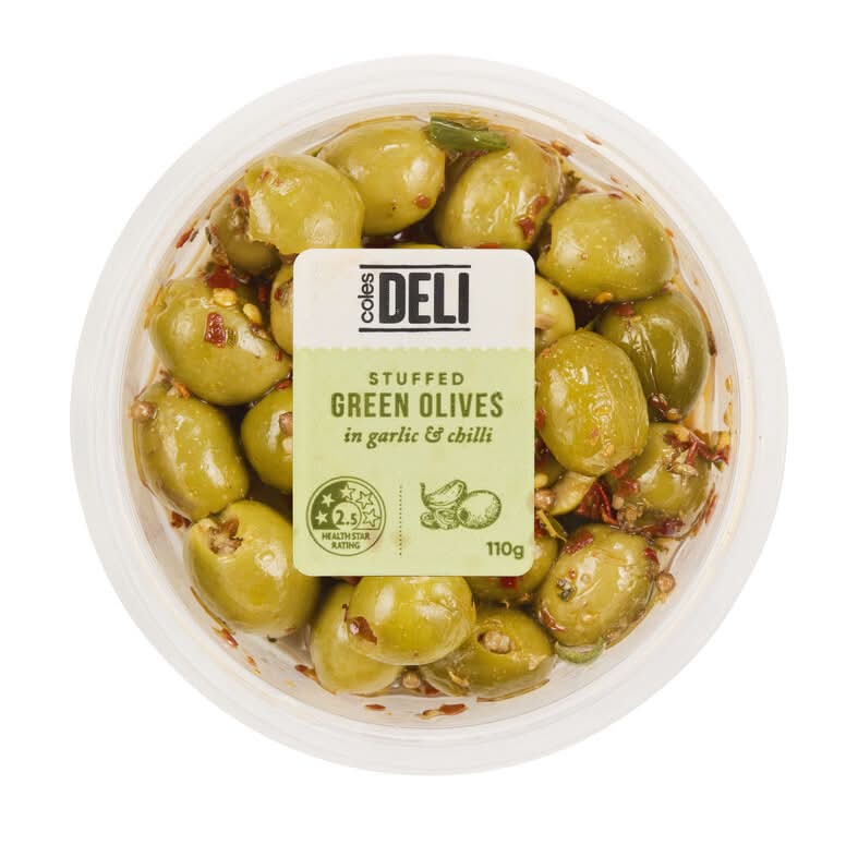 Coles Deli Stuffed Green Olives in Garlic & Chilli (110g)