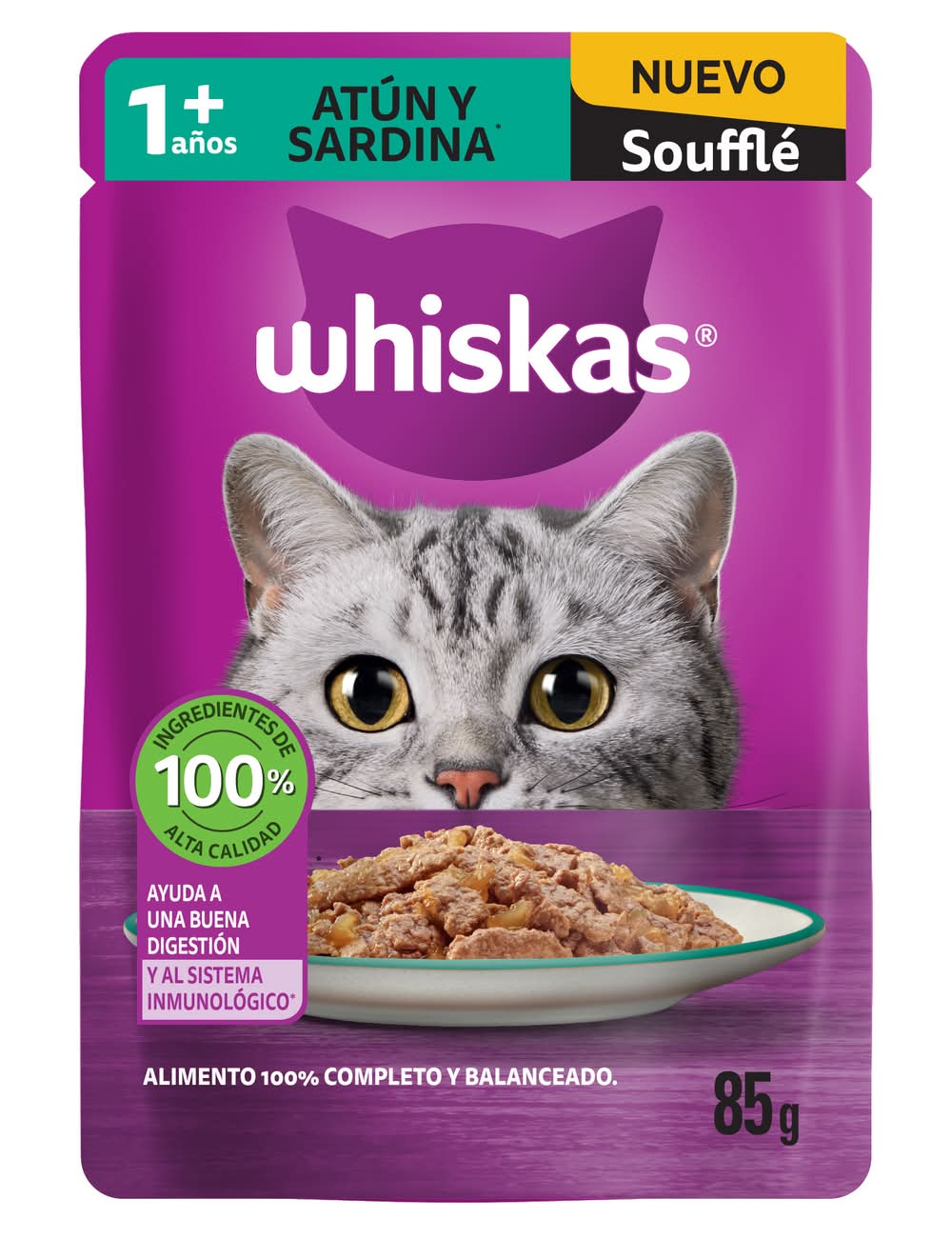 Whiskas · Alimento húmedo tipo soufflé de atún y sardina para gatos, Adulto (85 g)