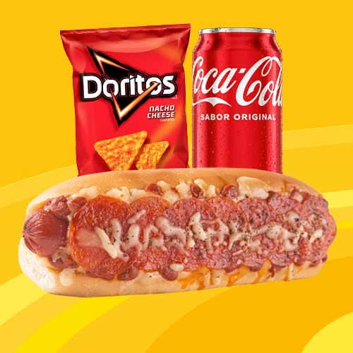 Combo Pepperoni Pizza Dog Cerdo +  Coca Cola Lata 12 oz +  Doritos Nacho Cheese 60.2g