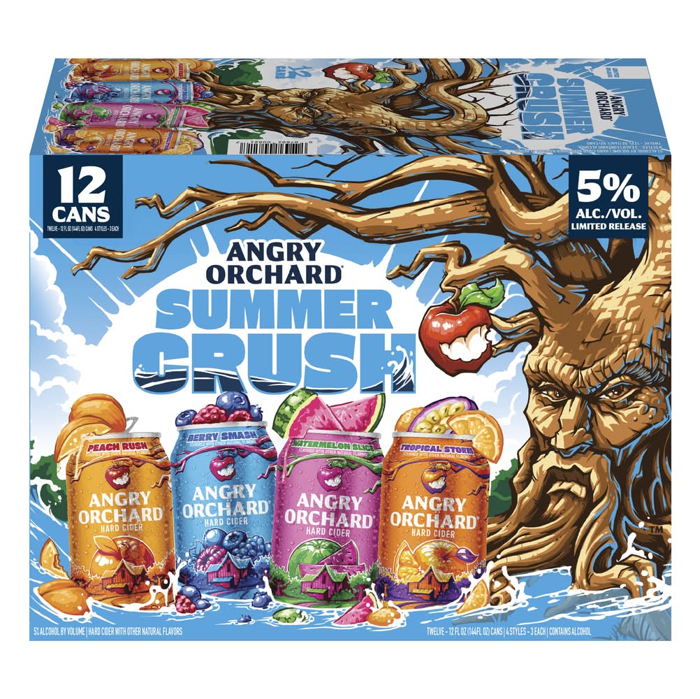 Angry Orchard Summer Crush Hard Cider Variety pack, Peach Rush-Berry Smash-Watermelon Slice-Tropical Storm (12 x 12 fl oz)