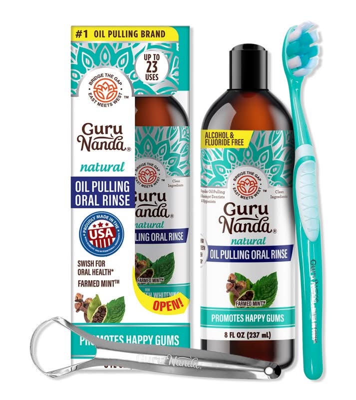 GuruNanda Farmed Mint Oil Pulling Oral Rinse with Essential Oils & Vitamins 8 oz
