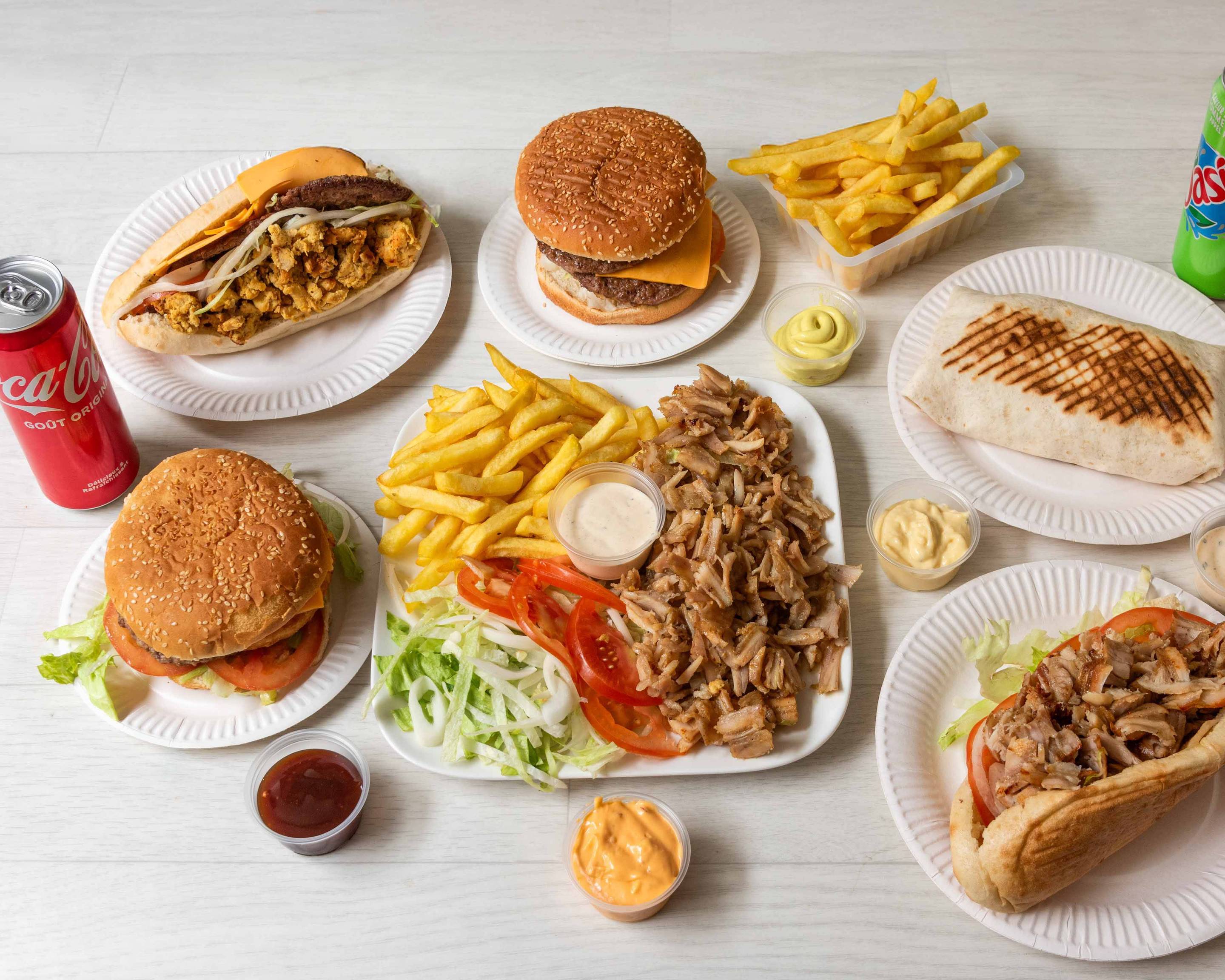 Kebab, burger and chips