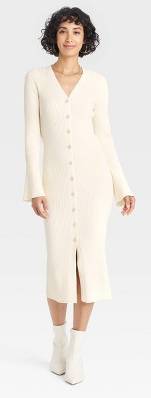 Women's Bell Long Sleeve Midi Sweater Dress - A New Day™ Cream L: Viscose Nylon Blend, Ribbed Cuff, V Neck