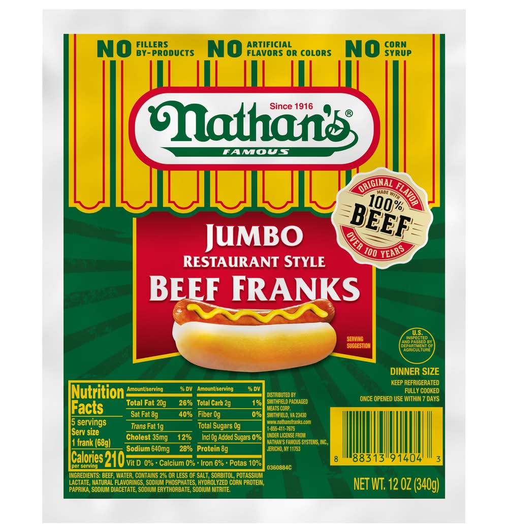 Nathan's Famous Restaurant Style Beef Franks, Jumbo (12 oz)