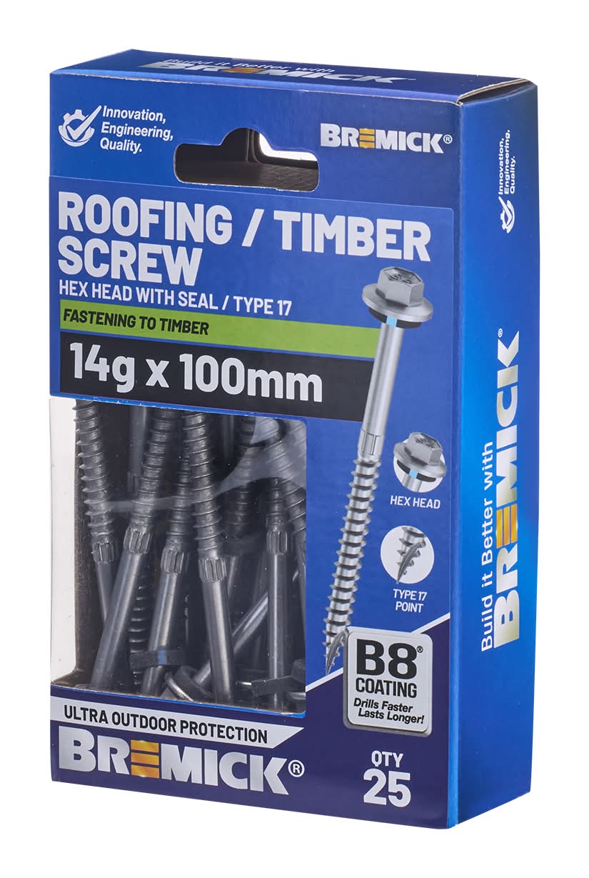 Bremick Hex Timber Screw 14g x 100mm B8 BOX 25