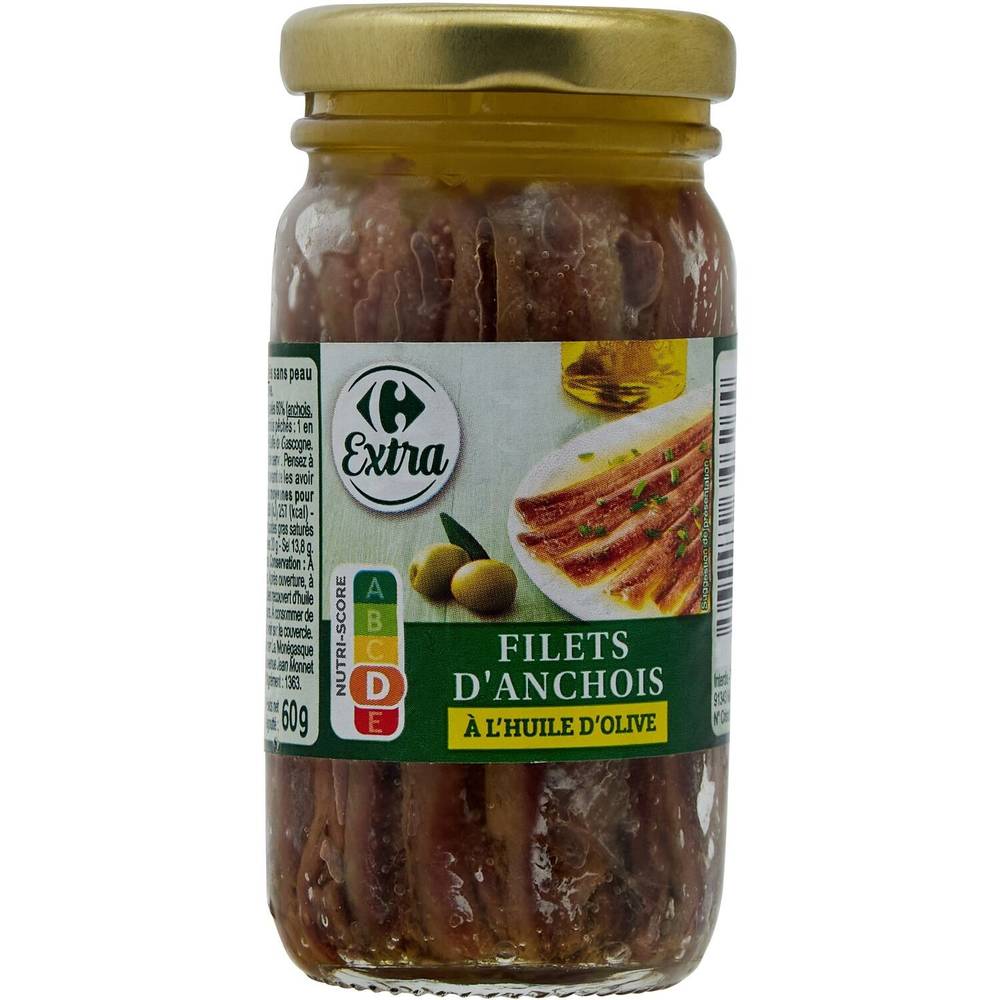 Filets d'anchois huile d'olive CARREFOUR EXTRA - le pot de 60 g net égoutté