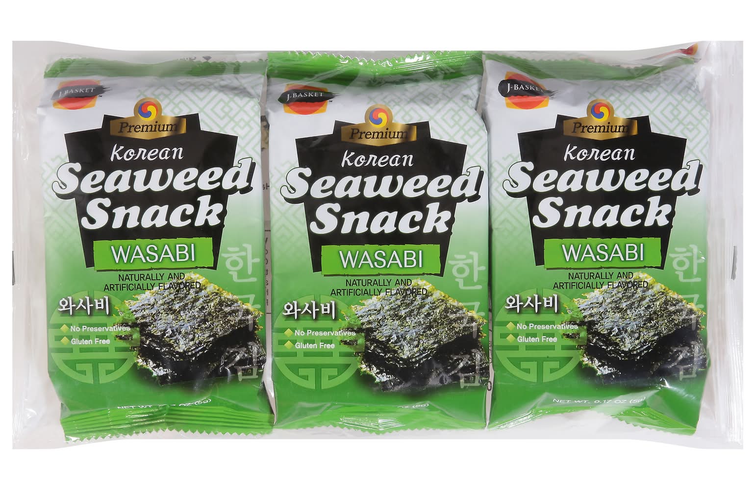 J-Basket Premium Korean Wasabi Seaweed Snack (0.52 oz, 3 ct)