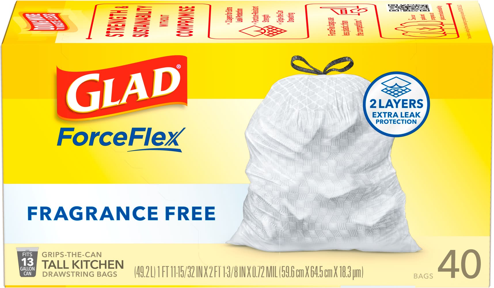 Glad Forceflex Tall Kitchen Drawstring Bags, 59.6 x 64.5 cm x 18.3 um, White (40 ct)