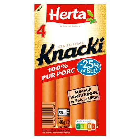 Saucisses 100% pur porc sel réduit KNACKI - le paquet de 4 - 140 g