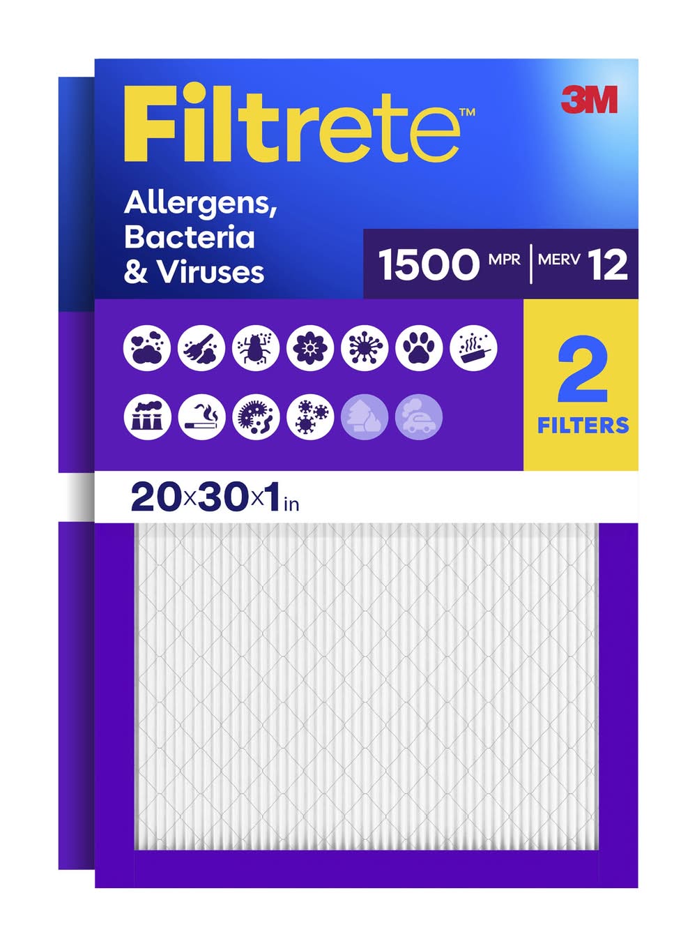 Filtrete 20 x 30 x 1 MERV 12 1500 MPR Allergen, Bacteria and Virus Electrostatic Pleated Air Filter 2 -Pack