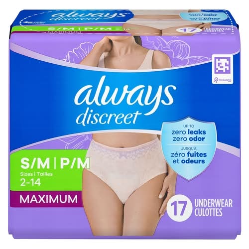 Always Discreet Adult Incontinence & Postpartum Underwear, Women, S/M (17 ct)