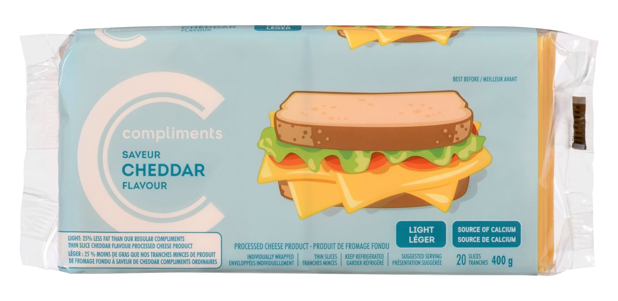 Compliments Thin Sliced Process Cheese, Cheddar (400 g, 20 ct)