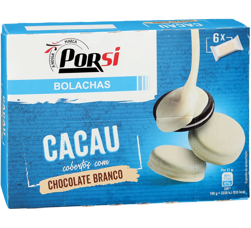 PorSi  - Bolachas de cacau cobertas com chocolate branco, 6 x 42 g