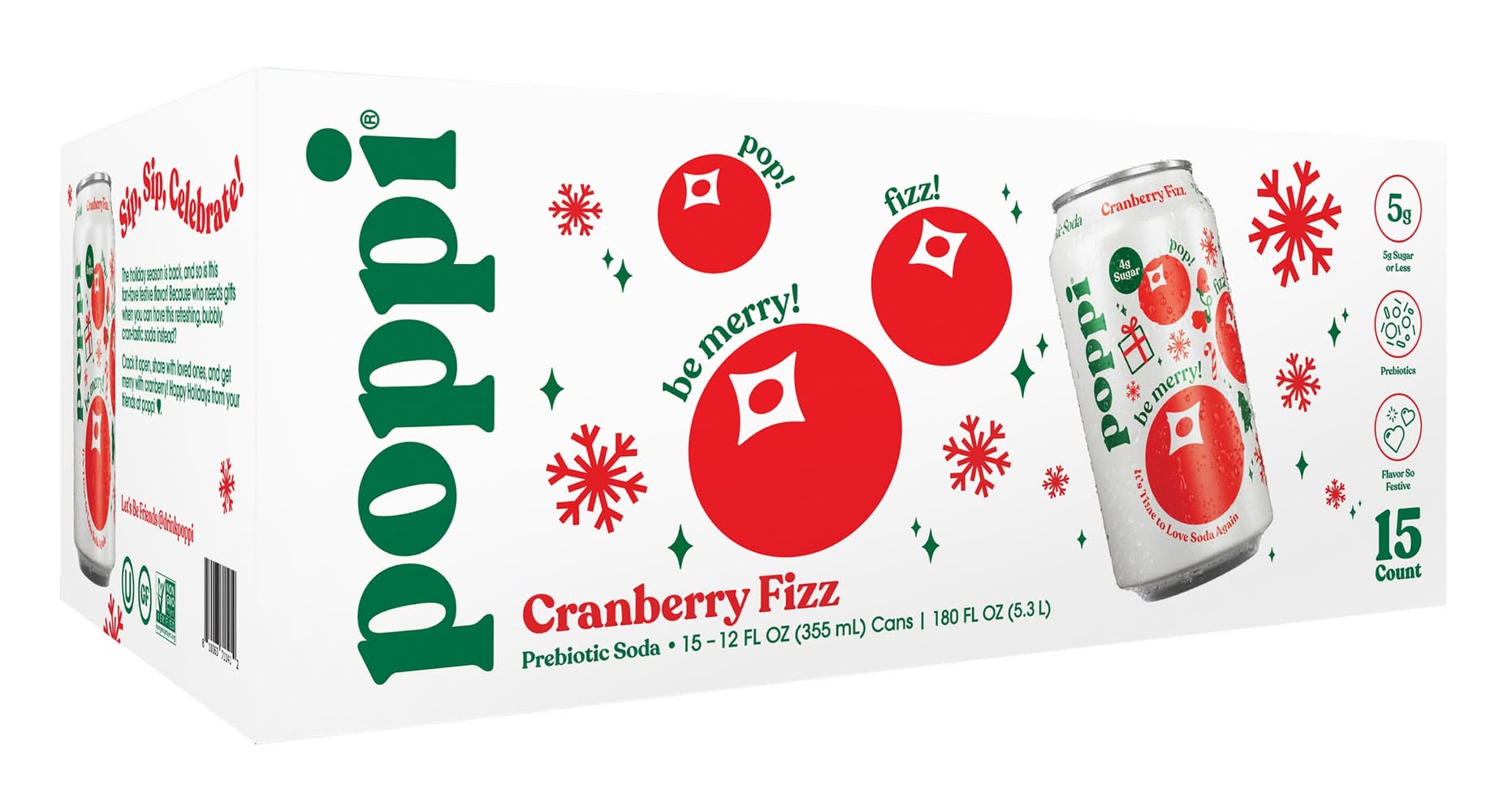 poppi Prebiotic Soda, Cranberry Fizz (15 x 12 fl oz)