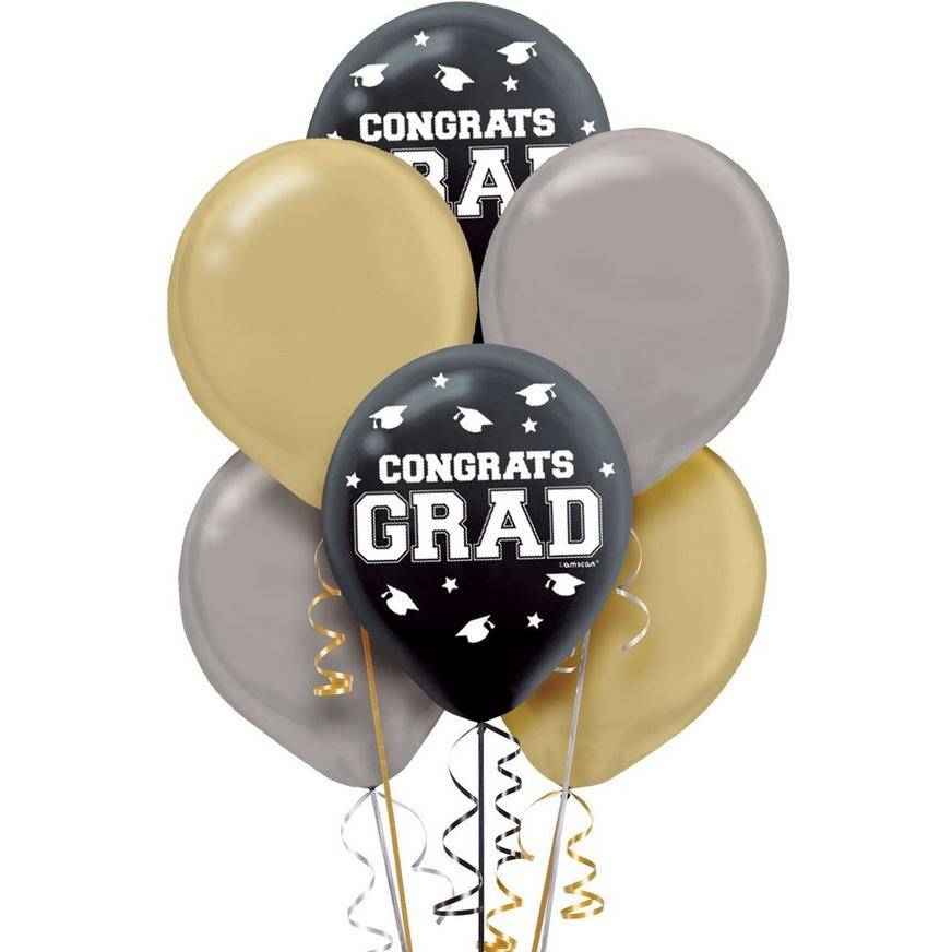 Uninflated 72ct, Black, Silver Gold Graduation Balloons