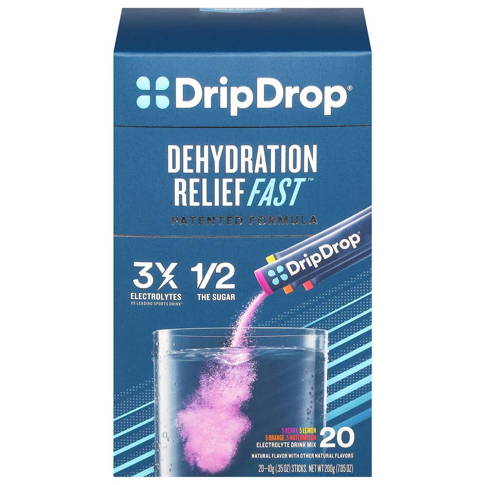 DripDrop Dehydration Relief Fast Electrolyte Drink Mix, Watermelon - Berry - Orange - Lemon (0.35 oz, 20 ct)