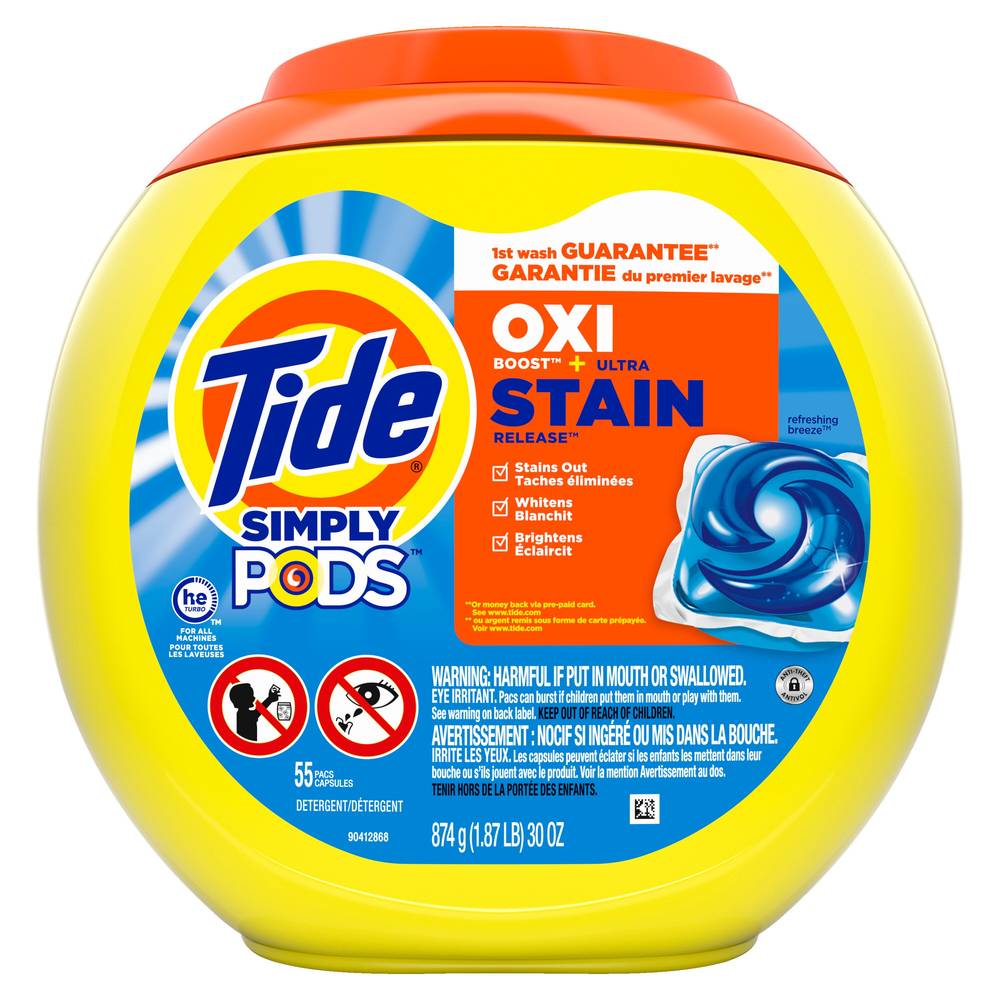 Tide Simply Pods Oxi Boost + Ultra Stain Release Liquid Laundry Detergent Pacs, Refreshing Breeze, 55 Ct