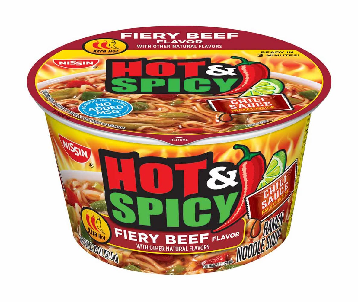 Nissin Hot & Spicy Ramen Noodle Soup Fiery Beef Flavor 3.27 Oz