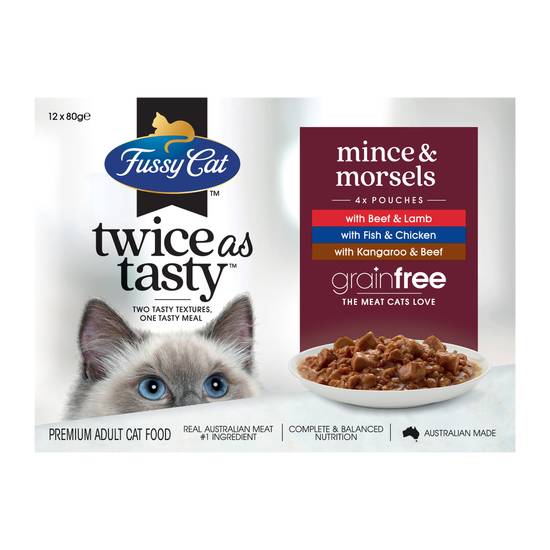 Fussy Cat Grain Free Twice As Tasty Adult Wet Cat Food Mince & Morsels 12x80gm 12 pack