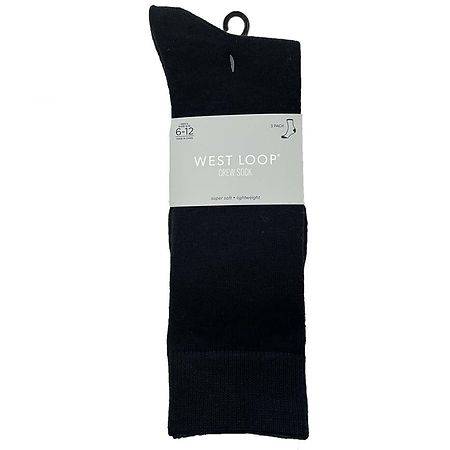 West Loop Flat Knit Crew Socks, 6-12, Black