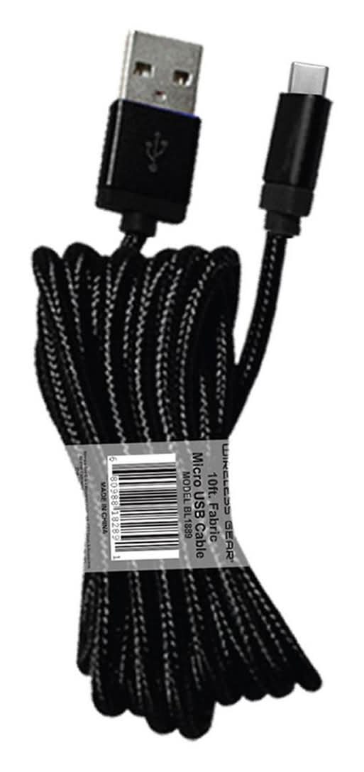 Wireless Gear Micro Usb-C Fabric Cable, 10 ft, Black