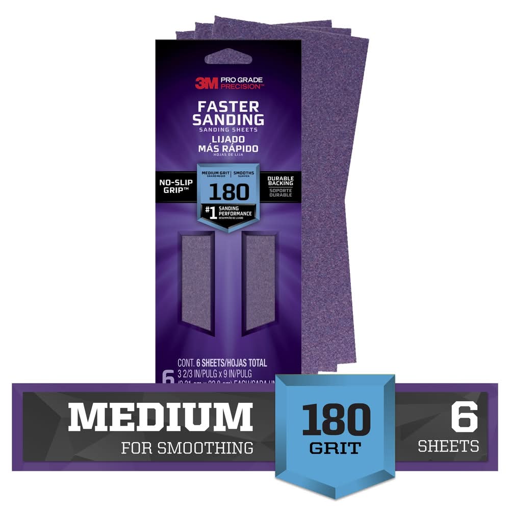 3M PRO Grade Precision Fine 180 Grit Sheet Sandpaper 3.67-in W x 9-in L 6 -Pack