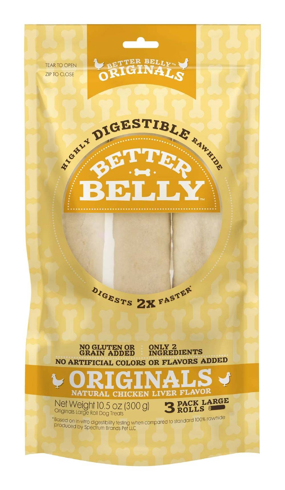 Better Belly Originals Digestible Rawhide Large Roll Chews, Chicken Liver (10.5 oz, 3 ct)