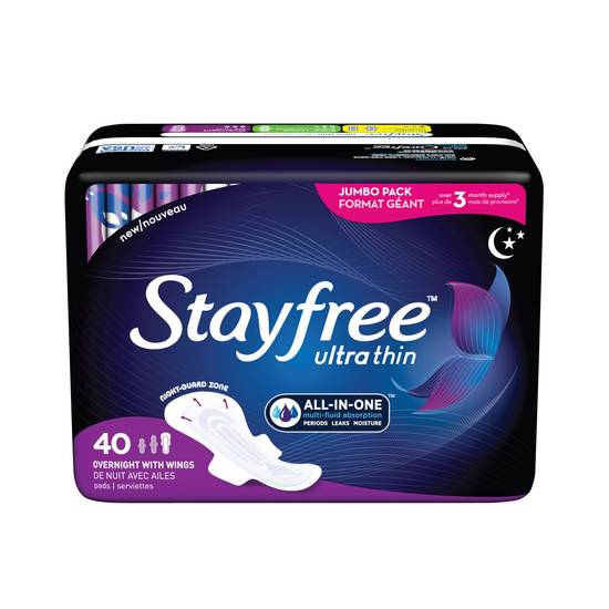 Stayfree Ultra Thin Pads with Wings, Overnight, 40 CT