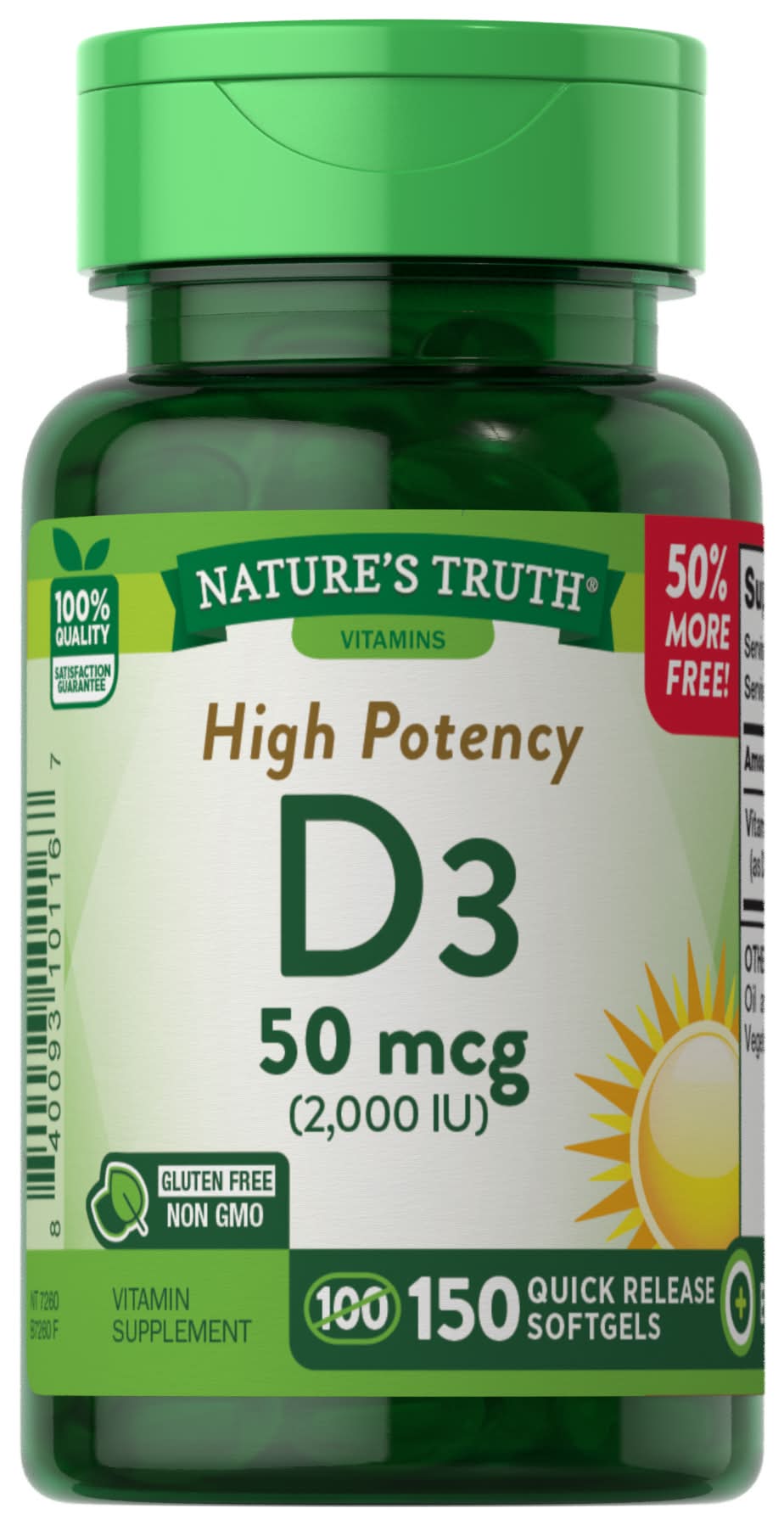 Nature's Truth High Potency Vitamin D3 50 Mcg Quick Release Softgels (4.8 oz, 150 ct)