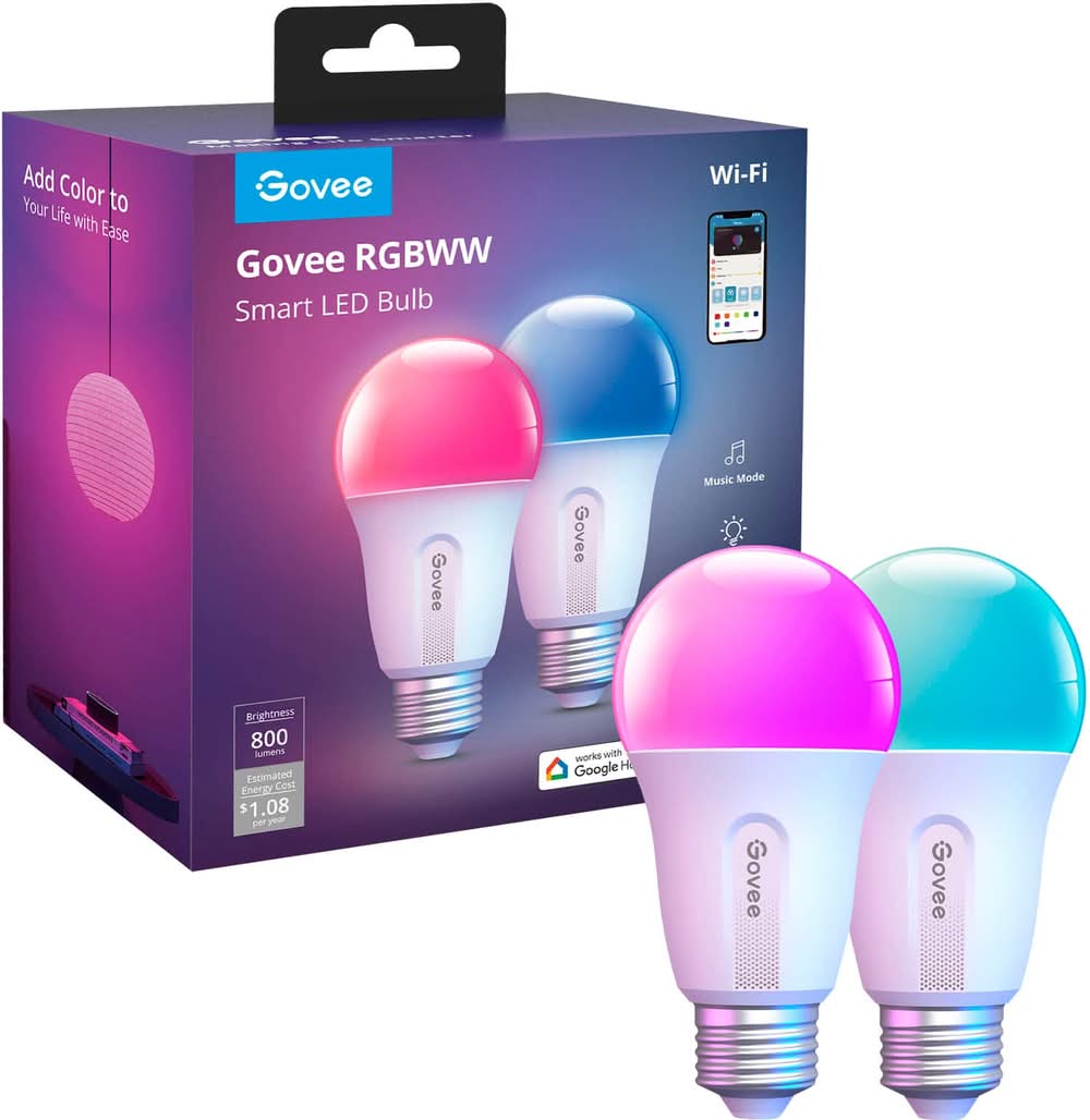 Govee - A19 800 Lumens Wi-Fi Smart LED Bulb (2-Pack) - Multi