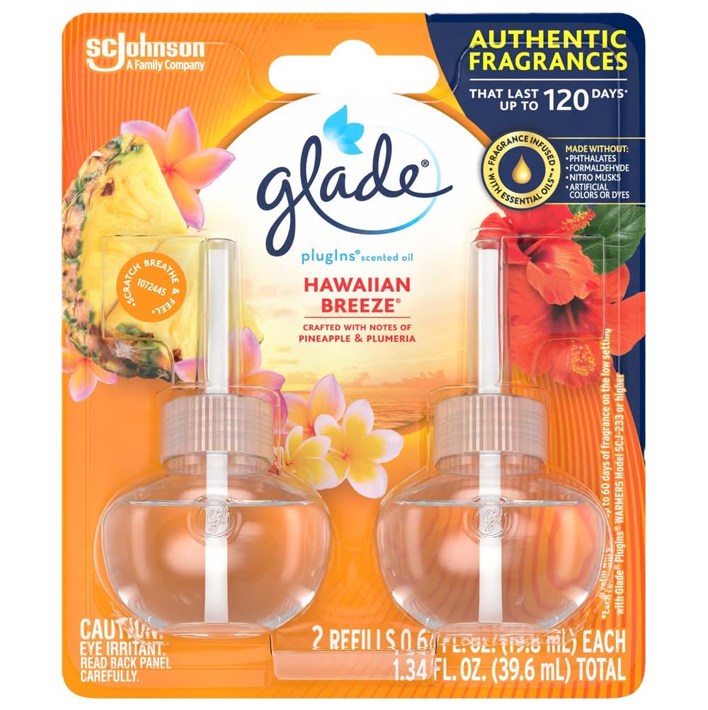 Glade Plug-Ins Hawaiian Breeze Scent Air Freshener Oil Refill 1.34 Oz Liquid 2 Pk