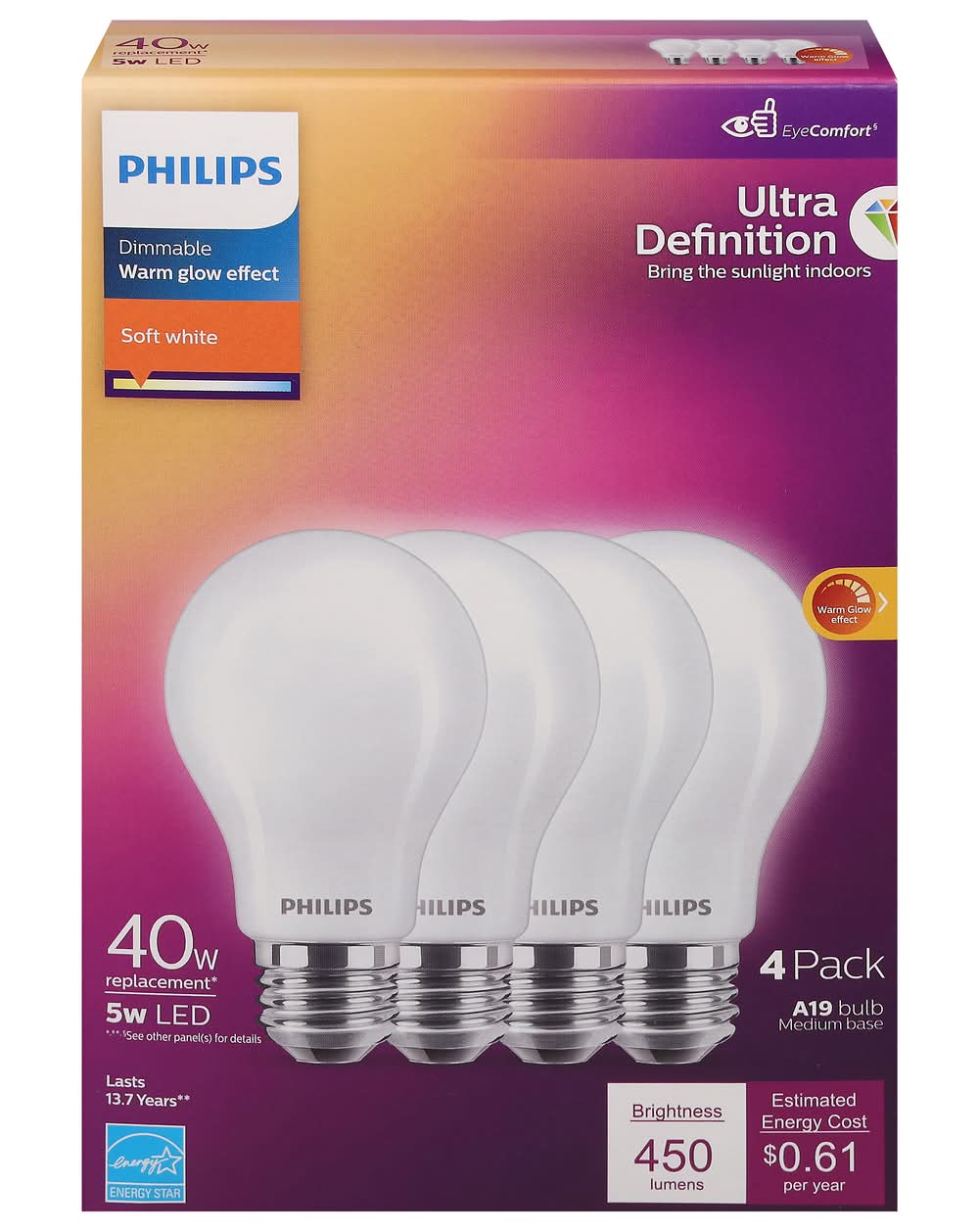Philips 5W A19 Glow Effect Dimmable Warm Led Soft Light Bulbs, White (4 ct)
