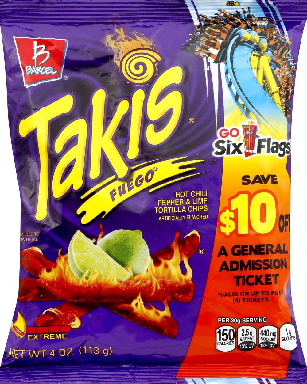 Takis Tortilla Chips Fuego Flavor, Hot Chili Pepper- Lime (4 oz)